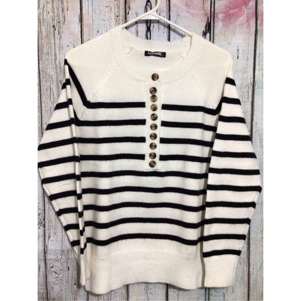 NEW Amkoyam Black & White Henley Style Front Sweater Size Small 🍂🍁